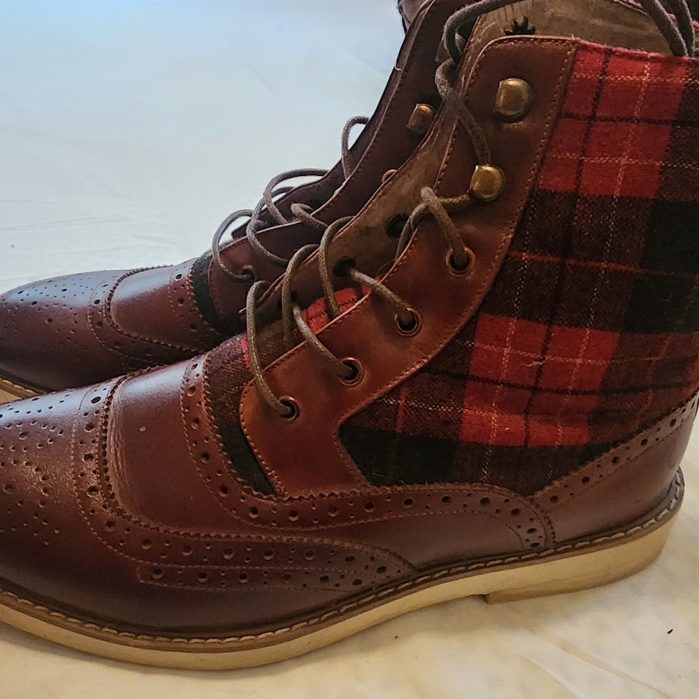 Leather plaid tweed